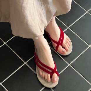 unfolio 麻底人字拖百搭拖鞋 女夏外穿休闲平底凉鞋 25春夏新款