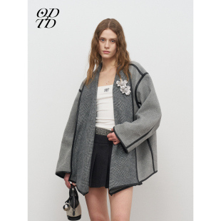 双色两穿羊毛双面呢斗篷外套上衣女 ODTD25秋冬新款 设计师女装