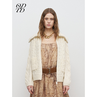 绞花针织大翻领马海毛开衫 ODTD25秋冬新款 毛衣女 设计师女装