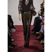 MARKGONG 26SS 棕色皮革牛仔铆钉装 欧阳娜娜同款 饰喇叭裤 百搭