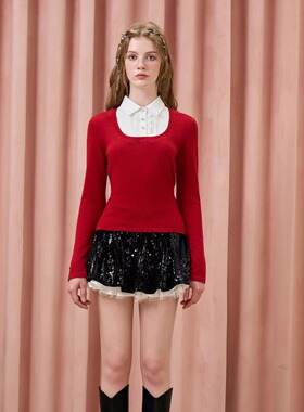 Three Quarters25AW 红色精纺羊毛假两件拼接针织毛衫