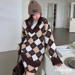 菱格V领毛衣半裙套装 25AW CAIM CROW