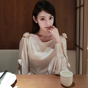 双绉玫瑰上衣斜肩长袖 上衣女 原创设计雪纺衫 Clink&Clunk