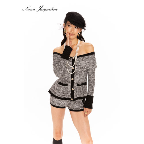 Nana Jacqueline 25AW 撞色编织亮丝针织套装女一字肩上衣配短裤