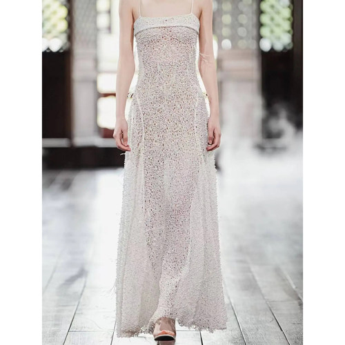 Tension Archive  重工不规则珍珠雪花镂空花型针织吊带长裙