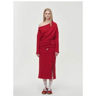 胶囊斜肩宽松休闲高开衩松紧半身裙上衣 ODTD25冬季 设计师女装