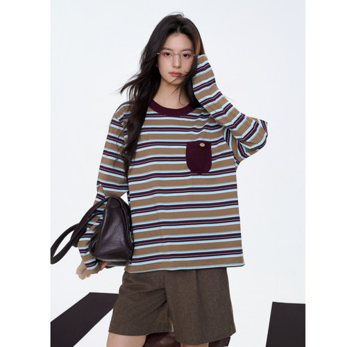 Aimme sparrow25FW 拼色条纹口袋上衣深棕色A字口袋短裤