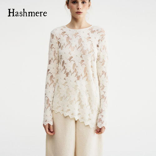Hashmere 26SS 弹力针织植绒镂空蕾丝打底斜下摆花边百搭长袖上衣