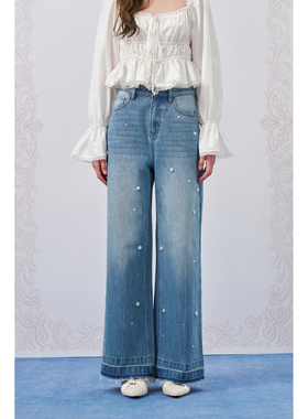 Three Quarters 26SS新款 蓝色重工珍珠烫钻直筒微喇牛仔裤