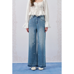 蓝色重工珍珠烫钻直筒微喇牛仔裤 26SS新款 Quarters Three