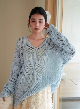 Queen Date 25AW秋冬 蓝色镂空长袖毛衣