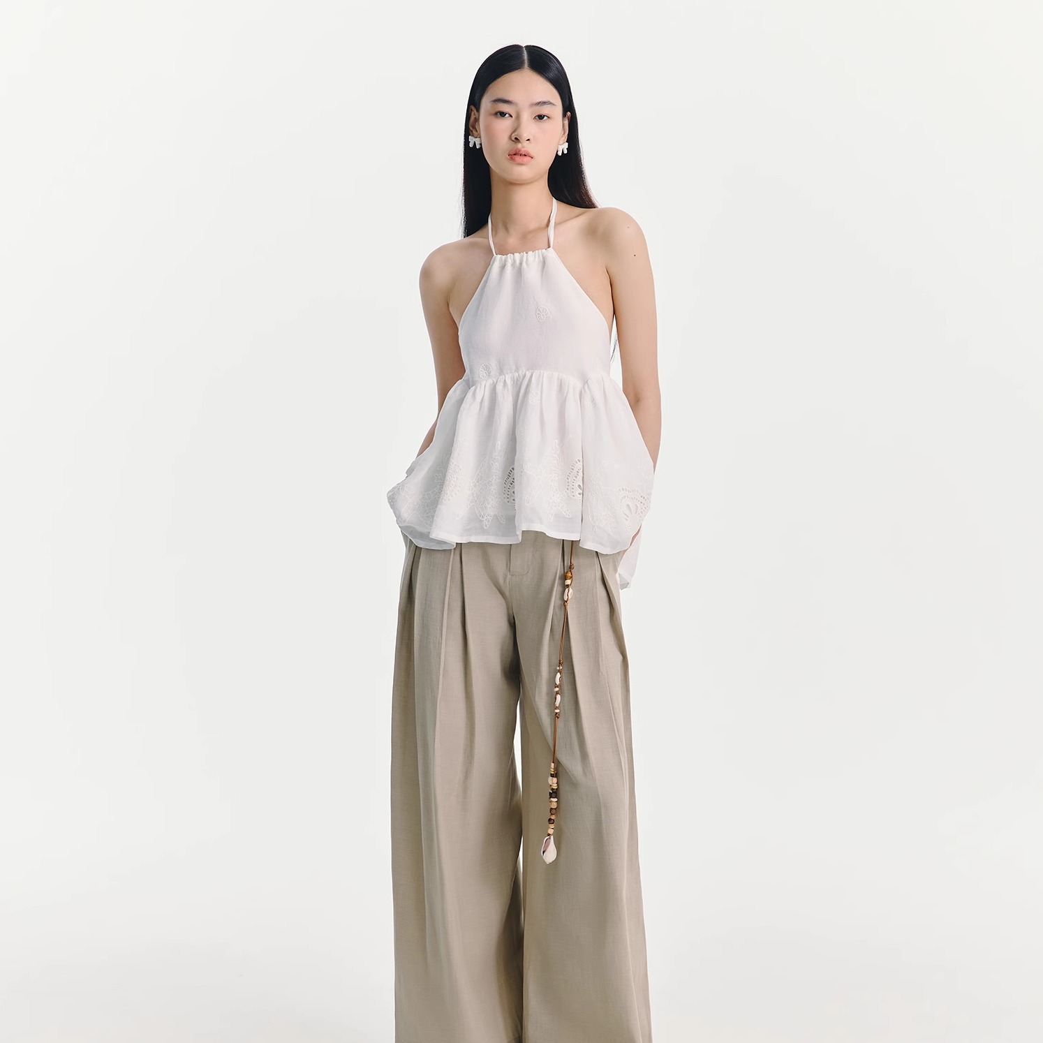 ESTER HSU 25SS 苎麻绣花露背绑带上衣棉质褶饰阔腿长裤