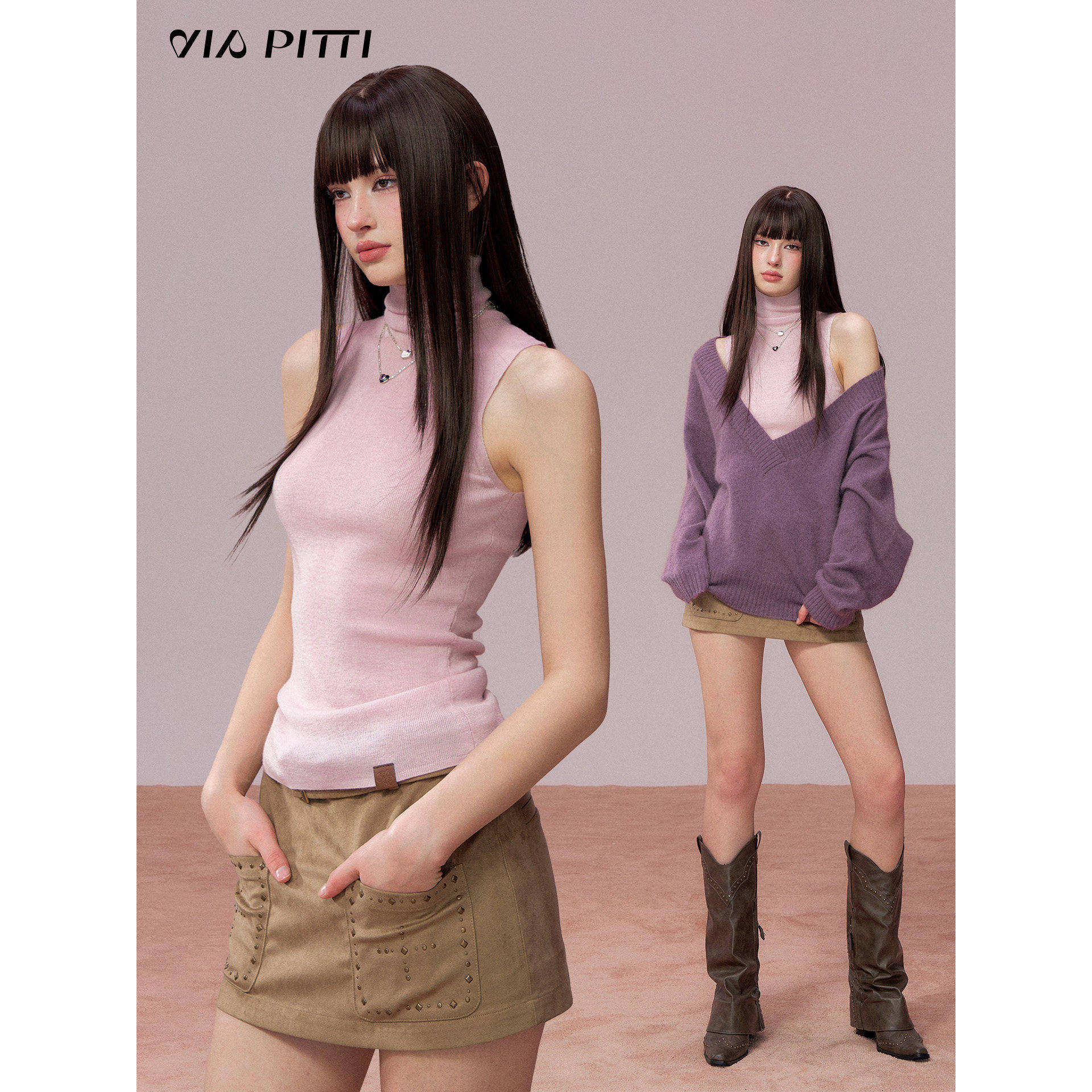 VIAPITTI设计感百搭高领无袖针织衫背心女装秋冬修身含桑蚕丝上衣,女装/女士精品,时尚套装,淘宝优惠券,粉丝福利购,淘宝优惠卷