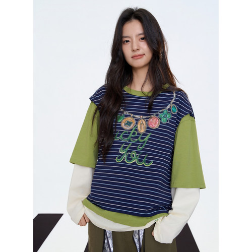 Aimme sparrow25FW 白绿拼接条纹项链印花长袖军绿系带口袋工装裤