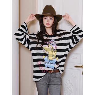 25AW黑白条纹趣味卡通印花上衣灰调铆钉喇叭牛仔裤 Maison Wester