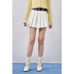 白色真皮双腰带百褶半裙 26SS新款 Three Quarters