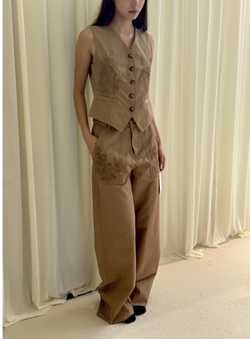 NONETONE 卡其色棉混纺卡其色复古花卉立体压印马甲压印裤子