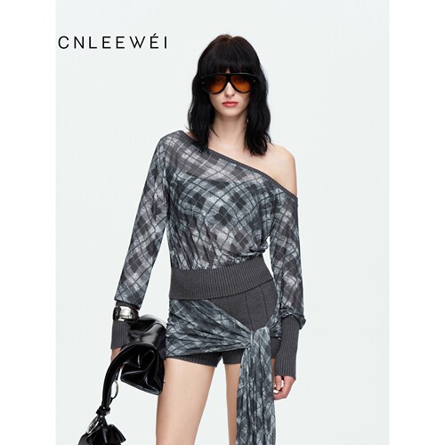 CNLEEWEI 26AW 复古拼接轻盈网纱斜肩菱格上衣 拼接针织短裤
