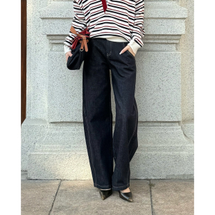 复古丹宁阔腿显瘦真皮腰带弯刀牛仔裤 CNLEEWEI 26SS新品