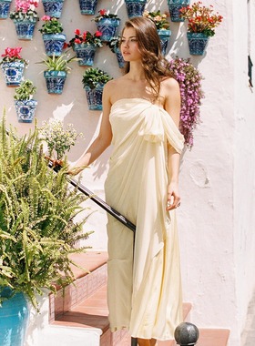 Nana Jacqueline 25早秋新款抹胸飘纱连衣裙女蝴蝶结袖双层防滑带