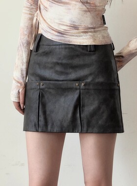 ViaPitti官方授权 深棕色设计感多口袋皮半身裙女短裙2024
