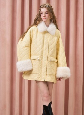 Three Quarters 25AW 蛋白皮菱形格绗棉可拆韩系毛领中长款外套