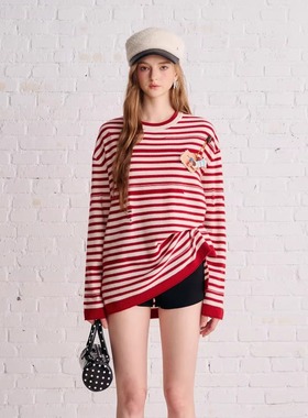 Aimme sparrow25FW 红色腊肠小狗配饰条纹上衣