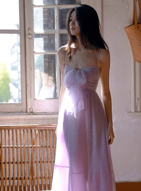 MOOD X MIURA 25SS 紫色雪纺蝴蝶结露背长裙