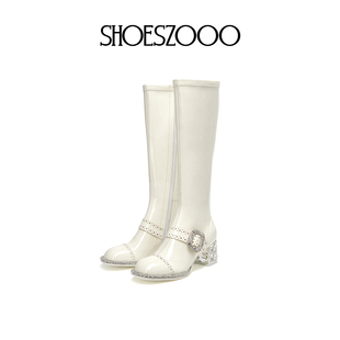 SHOESZOOO白色直筒骑士靴厚底小个子不过膝长靴真皮高筒瘦瘦靴女
