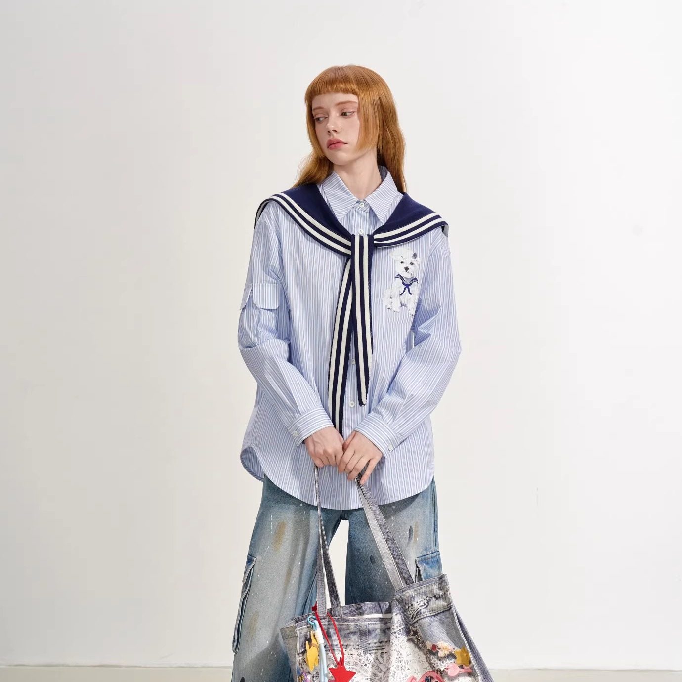 SOFITTE 25AW秋季新款 蓝色海军领披肩条纹长袖衬衫牛仔工装裤