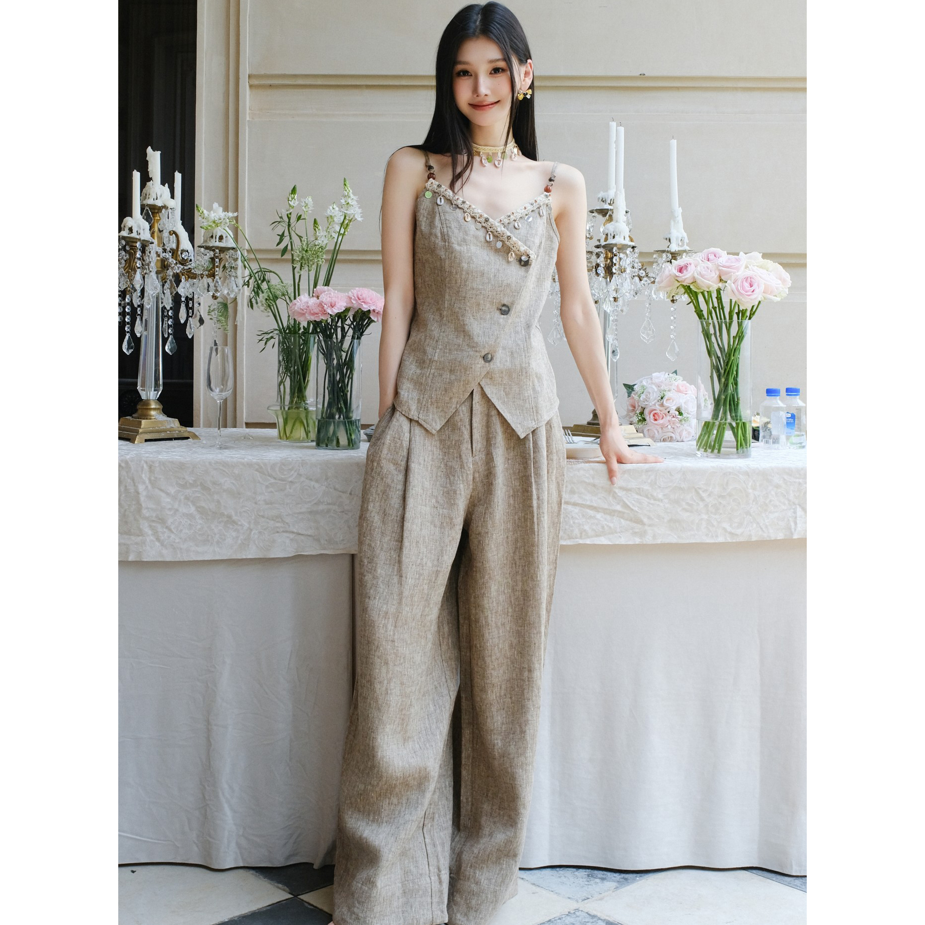 孟子义同款 Masion Wester 新款波西风设计感咖色系扣马甲阔腿裤