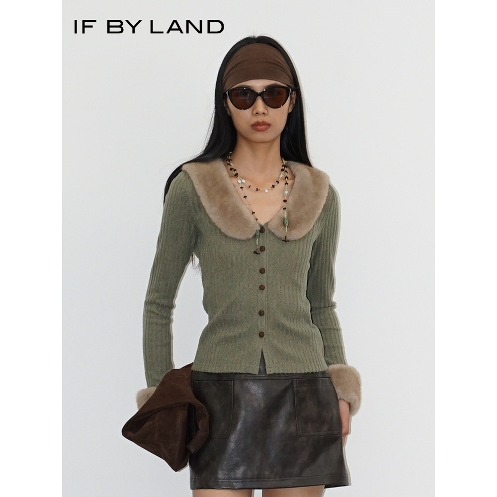 IF BY LAND 25秋冬季新款 新品绿色毛领拼接针织开衫