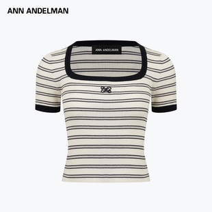 女百搭显瘦通勤T ANN ANDELMAN 早秋新款 方领条纹针织短袖