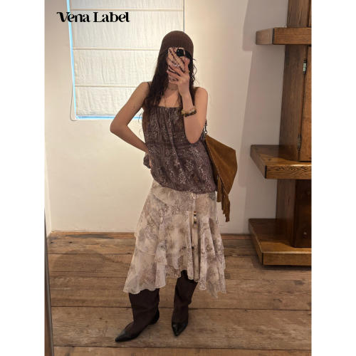 Vena Label 26SS春夏新款 印花抽皱吊带复古波西米亚风背心上衣
