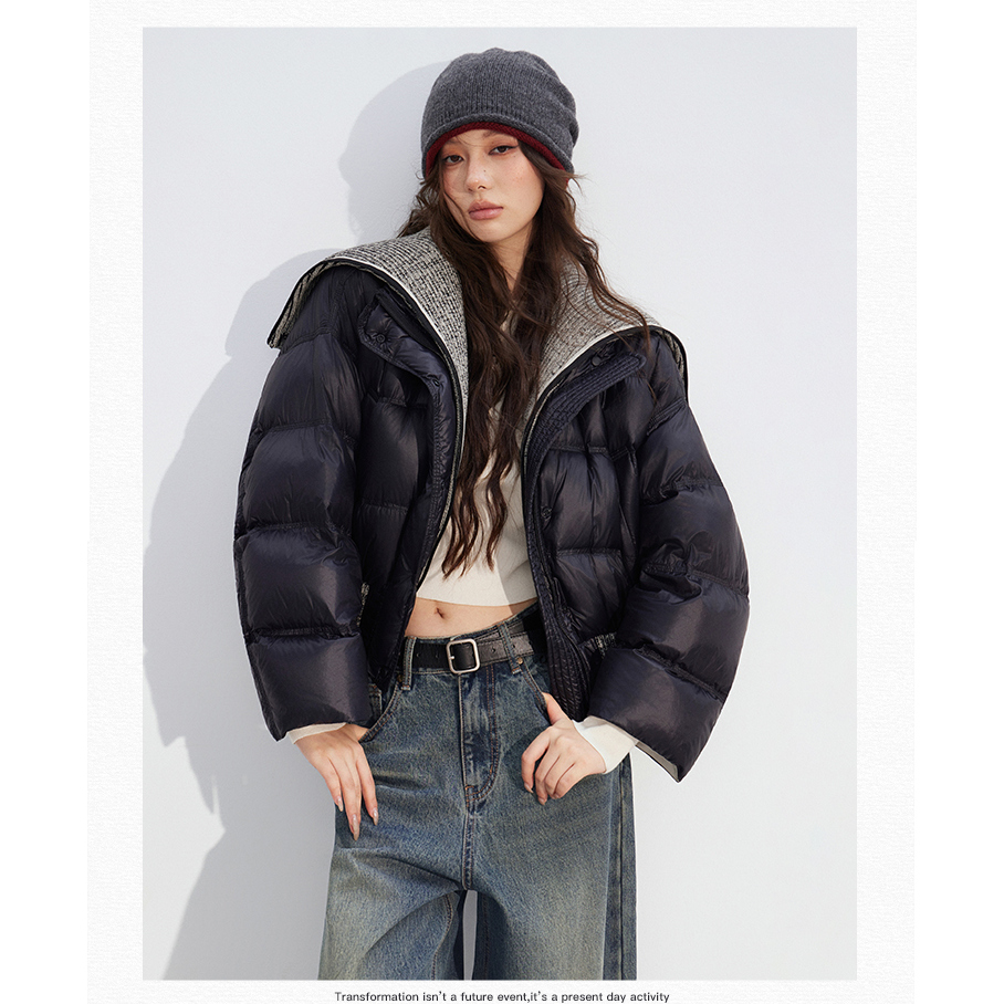 MacyMccoy正反两穿羽绒服女冬季针织拼接大翻领90白鸭绒保暖外套