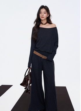 Aimme sparrow25FW 黑色logo标斜肩针织上衣黑色弹性松紧腰长裤