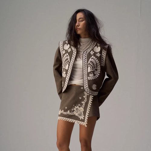 Shelle Artiste 麂皮刺绣外套麂皮刺绣半裙