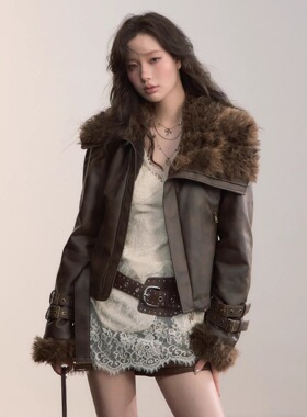 VIAPITTI 25AW 重工设计感大毛领加厚PU皮夹克外套