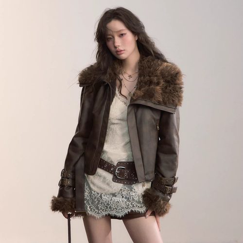 VIAPITTI 25AW 重工设计感大毛领加厚PU皮夹克外套