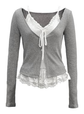 SIEW 25SS 假两件开衫蕾丝吊带拼接针织上衣