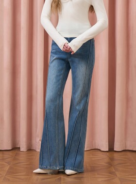 Three Quarters 25AW 蓝色加绒显瘦结构弹力微喇裤牛仔裤