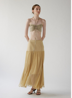 NONETONE 卡其绿金属环绕颈比基尼针织上衣针梭拼中腰真丝伞裙