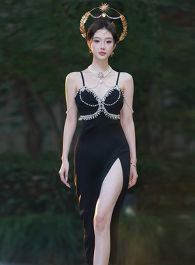 KINGWEN秋宝石裙女士修身开叉V领性感针织长裙连衣裙