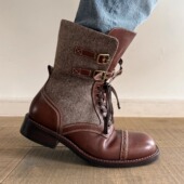 unfolio2025早秋新款 Eloise金属搭扣短靴经典 复古系带中筒靴