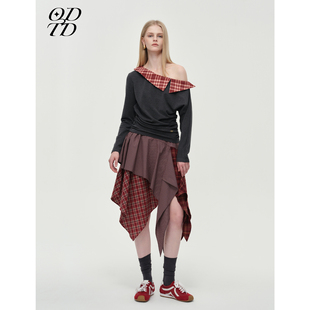 胶囊格纹撞色衬衫 ODTD25冬季 领斜肩上衣不规则半裙 设计师女装