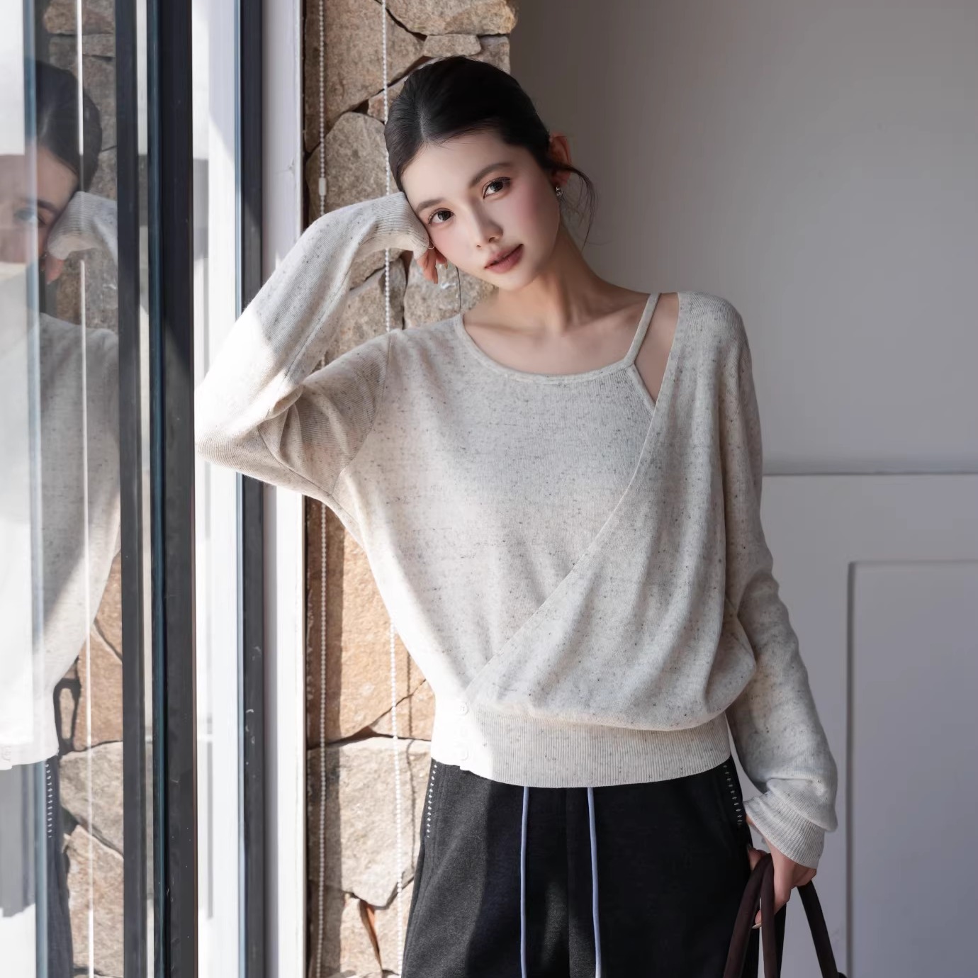 Queen Date 25AW秋冬 浅灰色白色假两件晕染长袖拼接阔腿羊毛裤