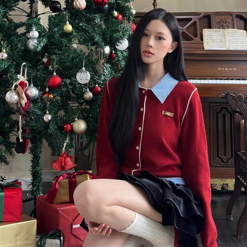 ARTE PURA25秋冬胶囊新款假两件拼接衬衫撞色条纹毛织开衫上衣女