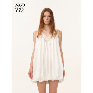 纸感棉与蕾丝拼接A字兜兜连衣裙女 ODTD26春夏新款 设计师女装