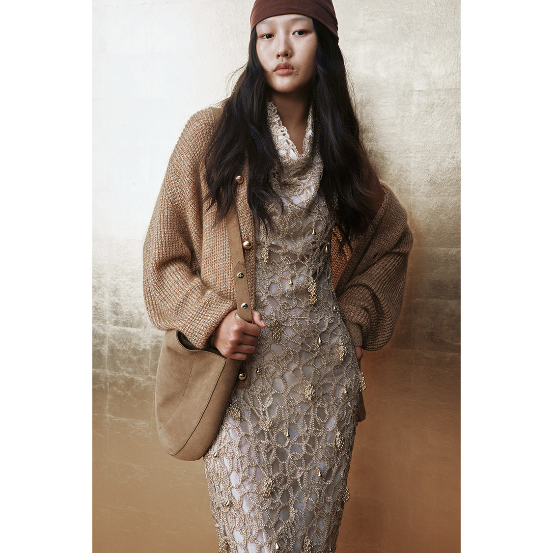 XU ZHI 25秋冬新品 金属光泽青果领宽松长袖上衣针织开衫 牛仔裤