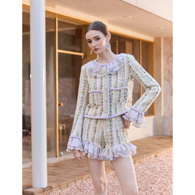 Wardrobes by chen25AW粗花䏆织带荷叶边外套粗花䏆荷叶边短裤